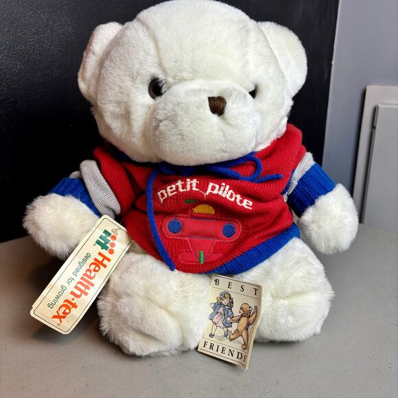 Vintage White Plush Bear Best Friends with Vintage 18M Pilot Sweater - Picture 2 of 12